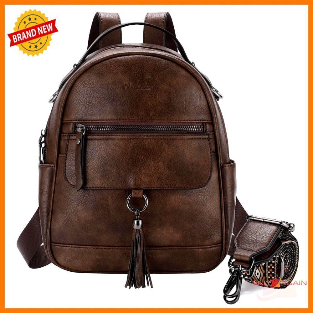 Vegan Leather Mini Backpack Purse, Adjustable Strap, 6 Pockets, Travel Handbag